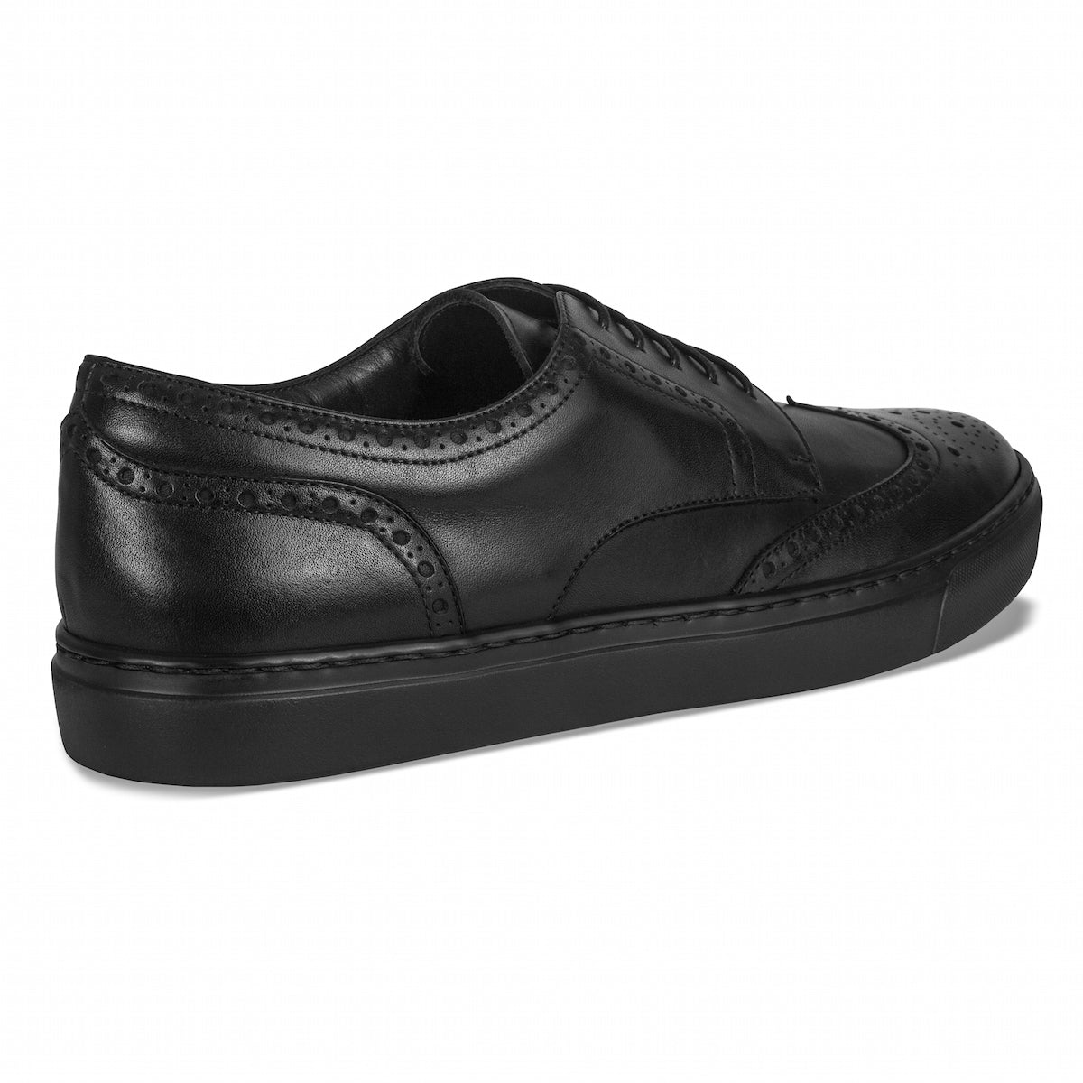 Black wingtip lace-up dress shoes with perforated quarter panels and laces