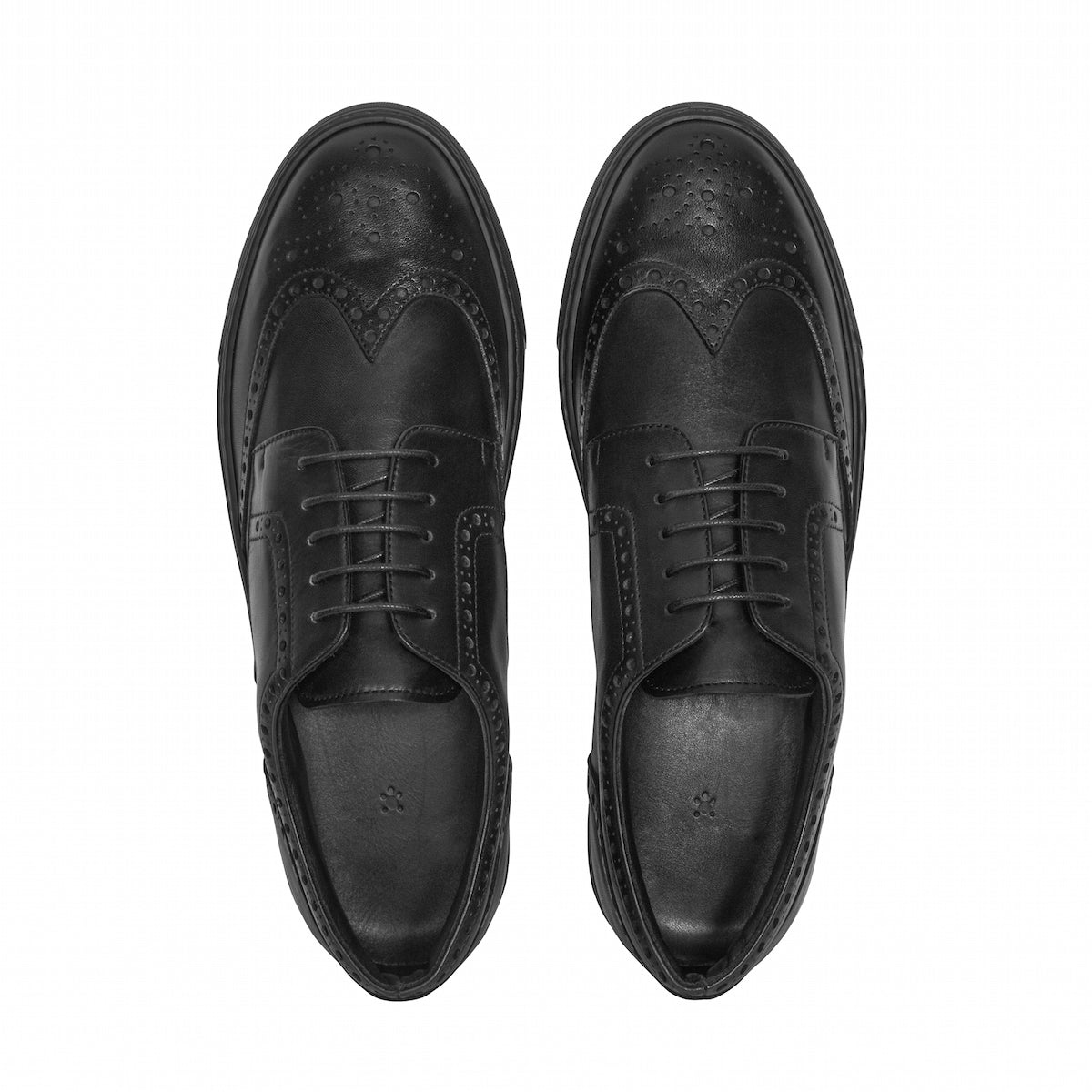 Black wingtip dress shoes, front view pair with lace-up closure
