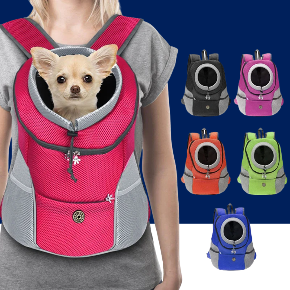 Breathable pet carrier backpack with mesh front and zip window, pink and gray, dog inside