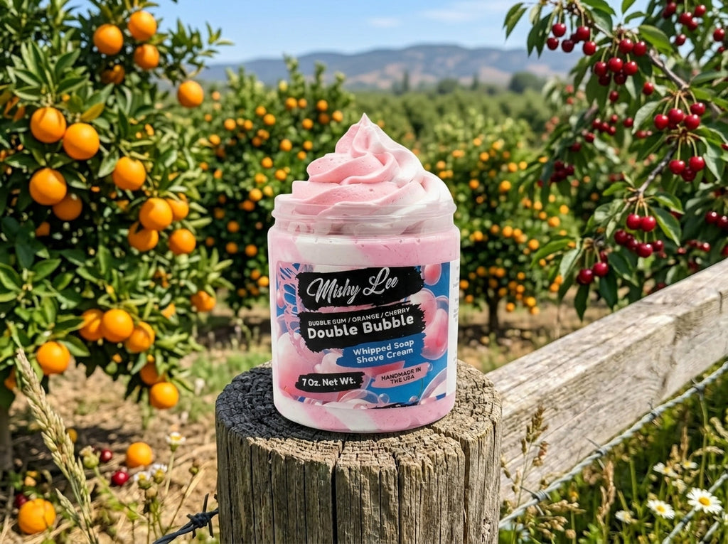 Whipped soap and shave cream tub outdoors on a wooden log