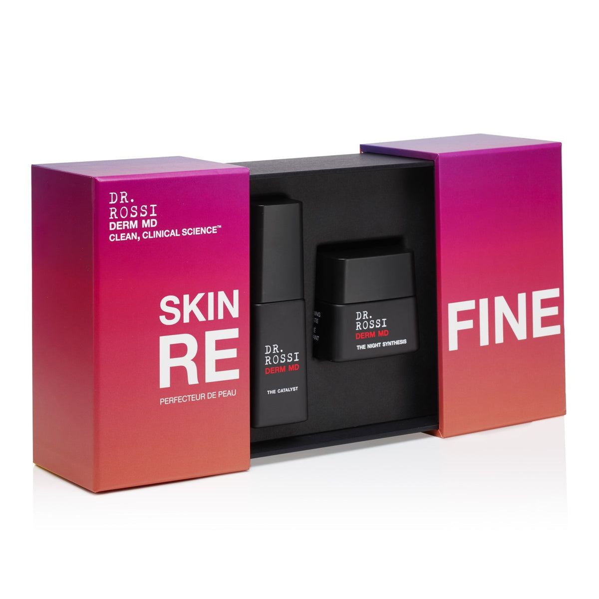 Skincare set open gift box with two Dr. Rossi black bottles and inner tray
