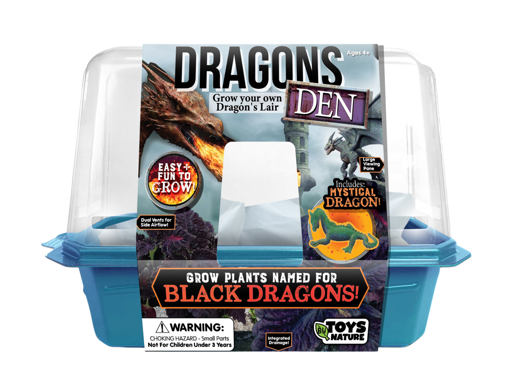 Dragon's Den mini terrarium kit in a blue base with clear dome and illustrated sleeve