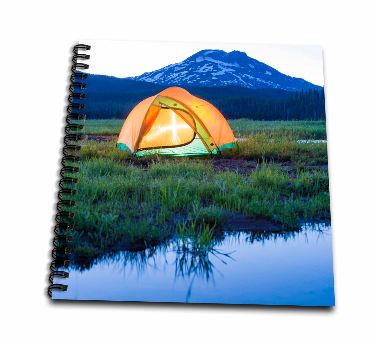Spiral drawing book cover featuring an orange tent over blue water and mountains