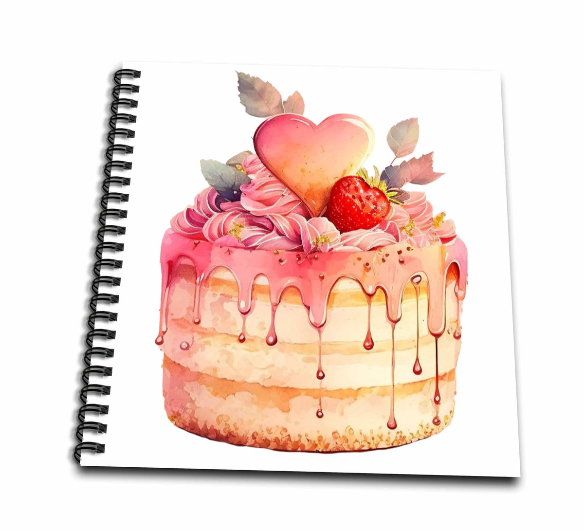 Spiral-bound drawing book cover featuring strawberry cake with pink heart and icing