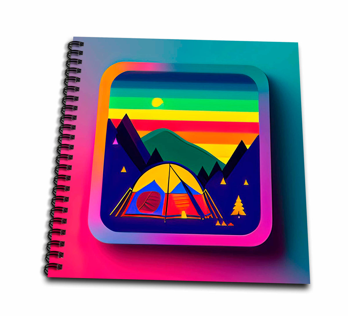 Spiral drawing book cover with rainbow frame and illustrated tent in mountains