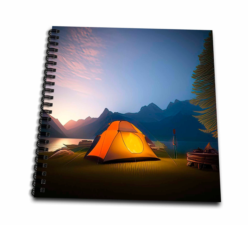 Spiral-bound drawing book cover showing orange tent and mountain landscape