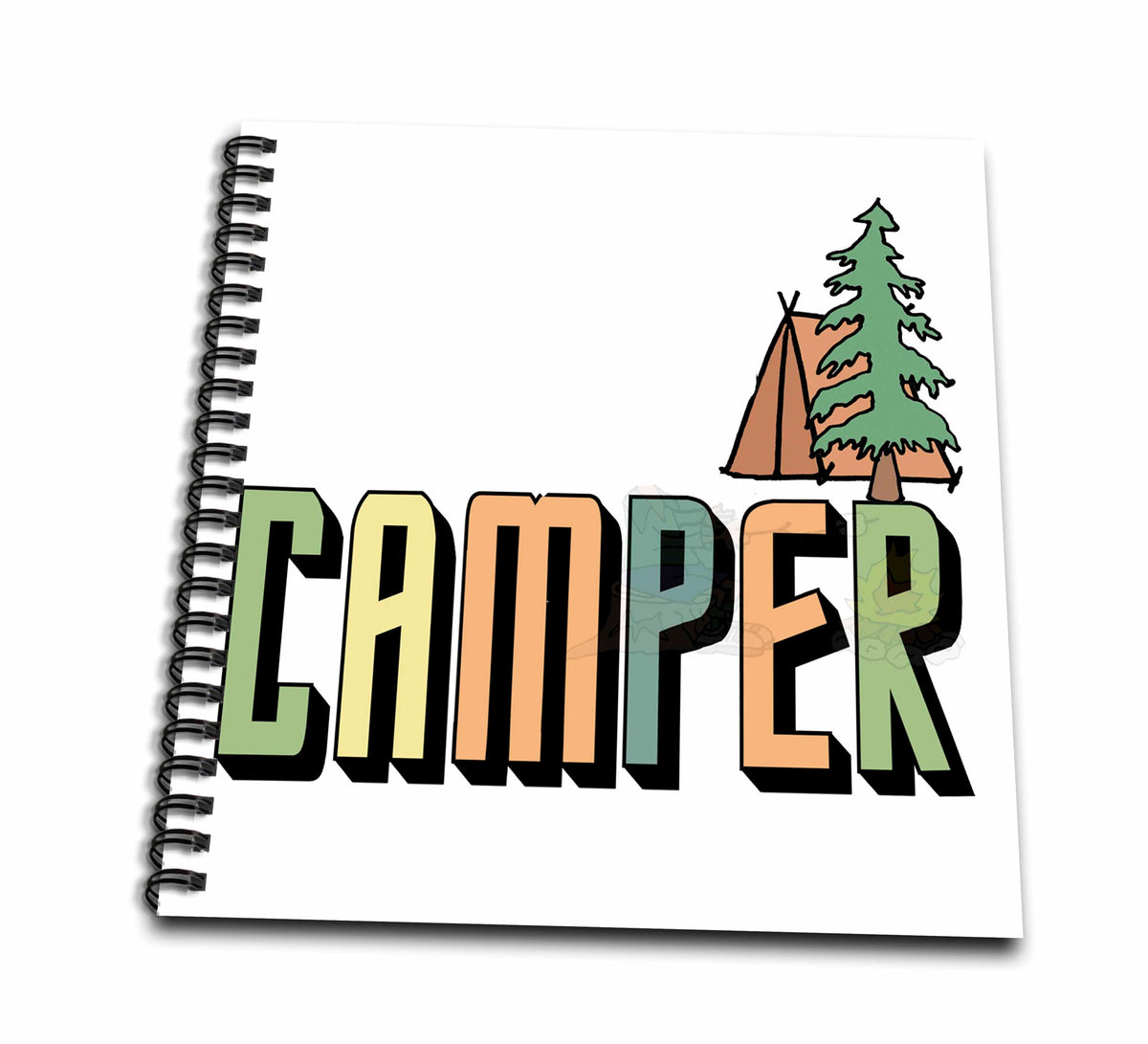 Drawing book with spiral binding and “CAMPER” cover text plus tent and trees graphic