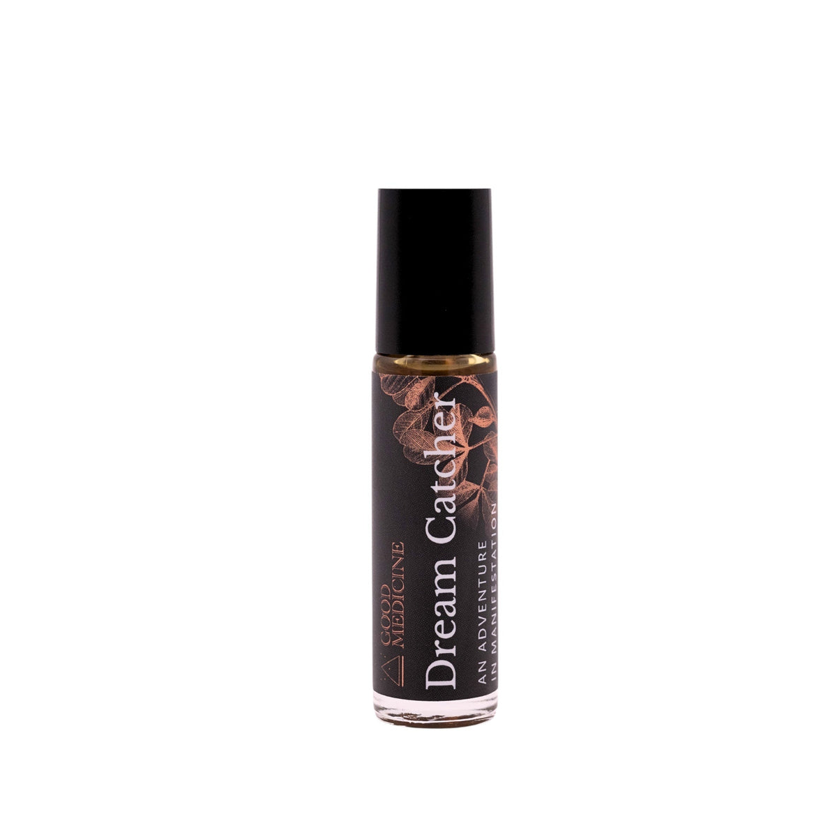 Botanical perfume roller bottle with black cap and brown floral label