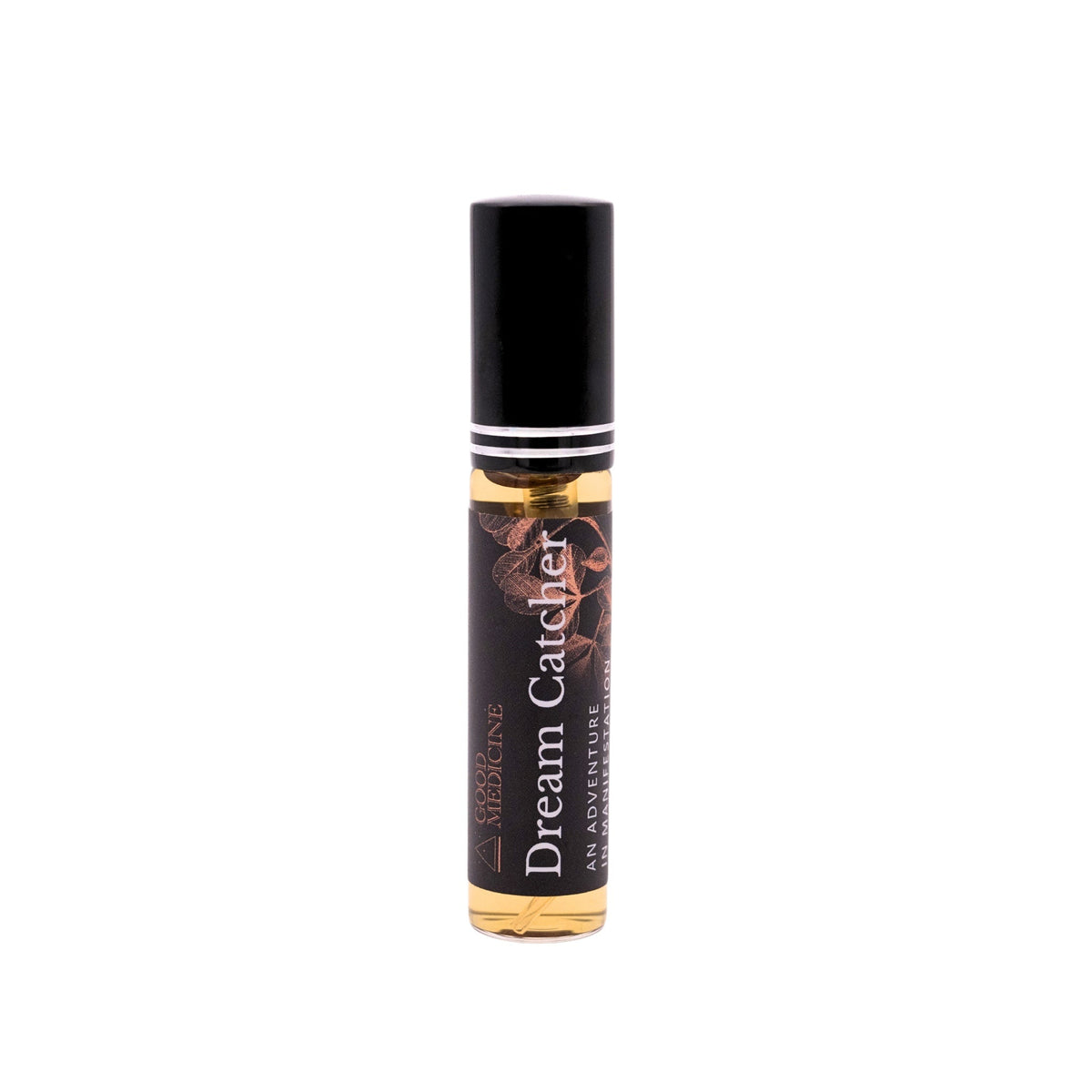 Botanical perfume roller bottle with black cap and Dream Catcher label