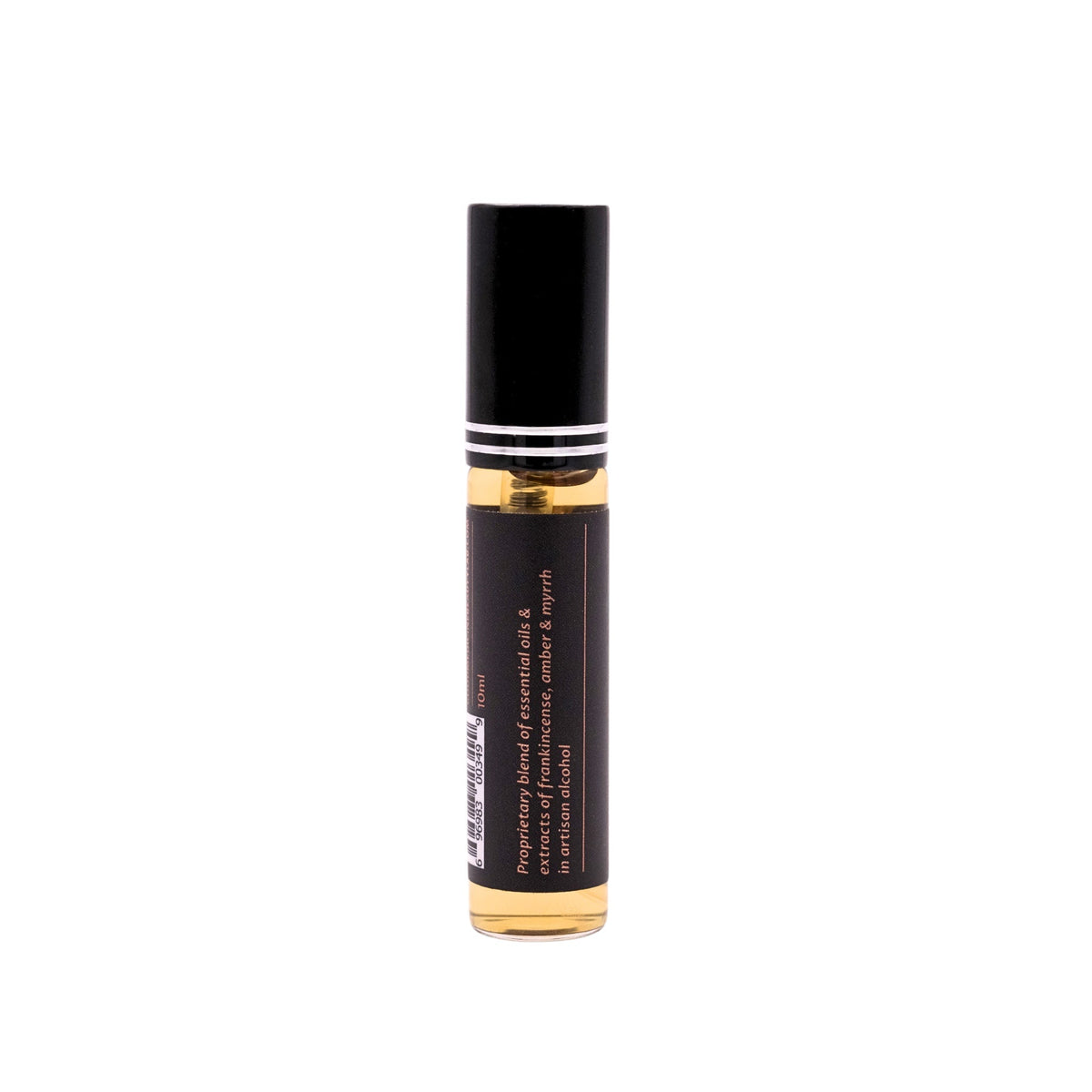 Botanical perfume roller bottle with black cap and back text label