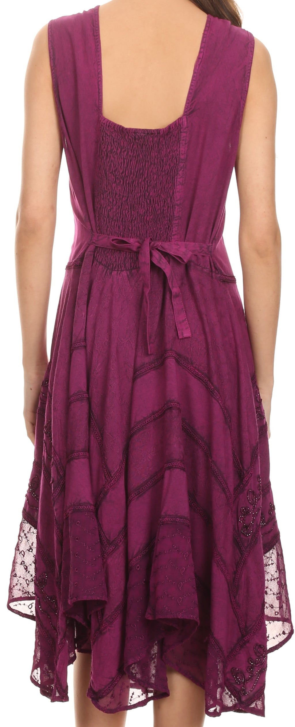 Back view of embroidered sleeveless midi dress with waist tie and layered hem