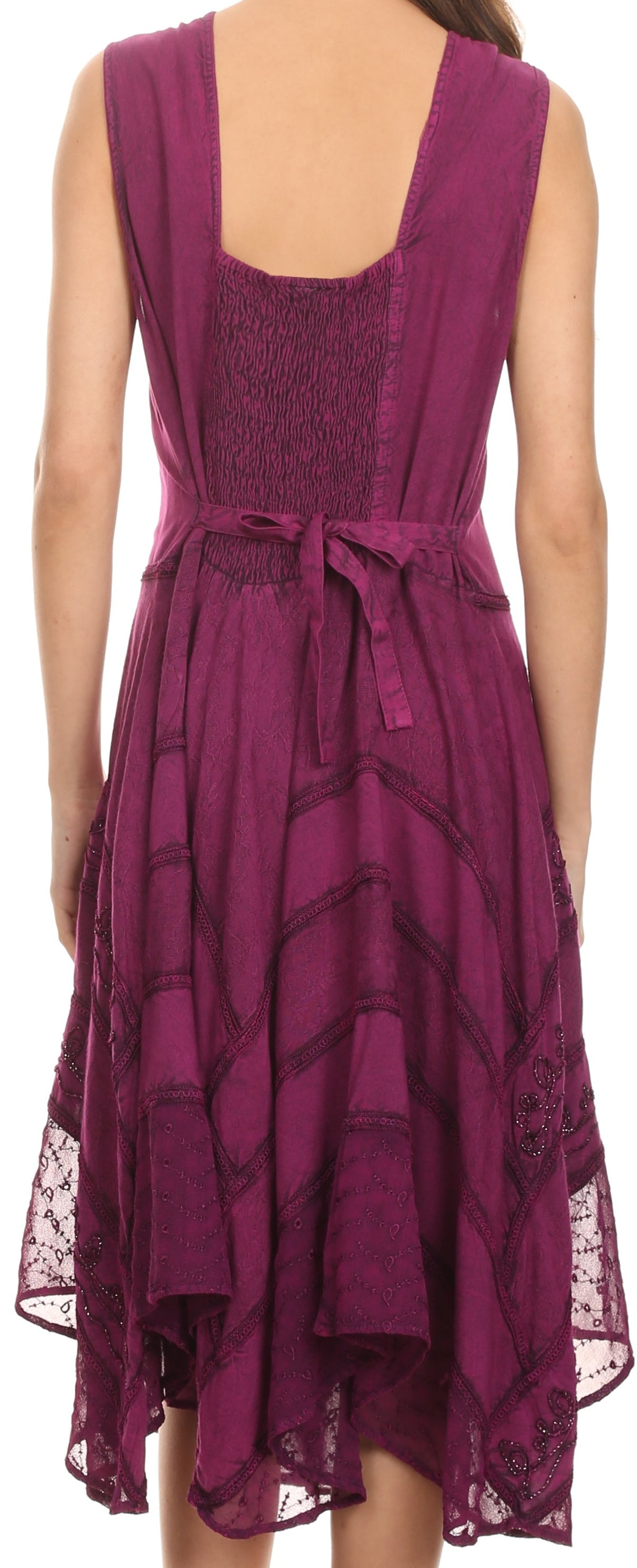 Back view of embroidered sleeveless midi dress with waist tie and layered hem