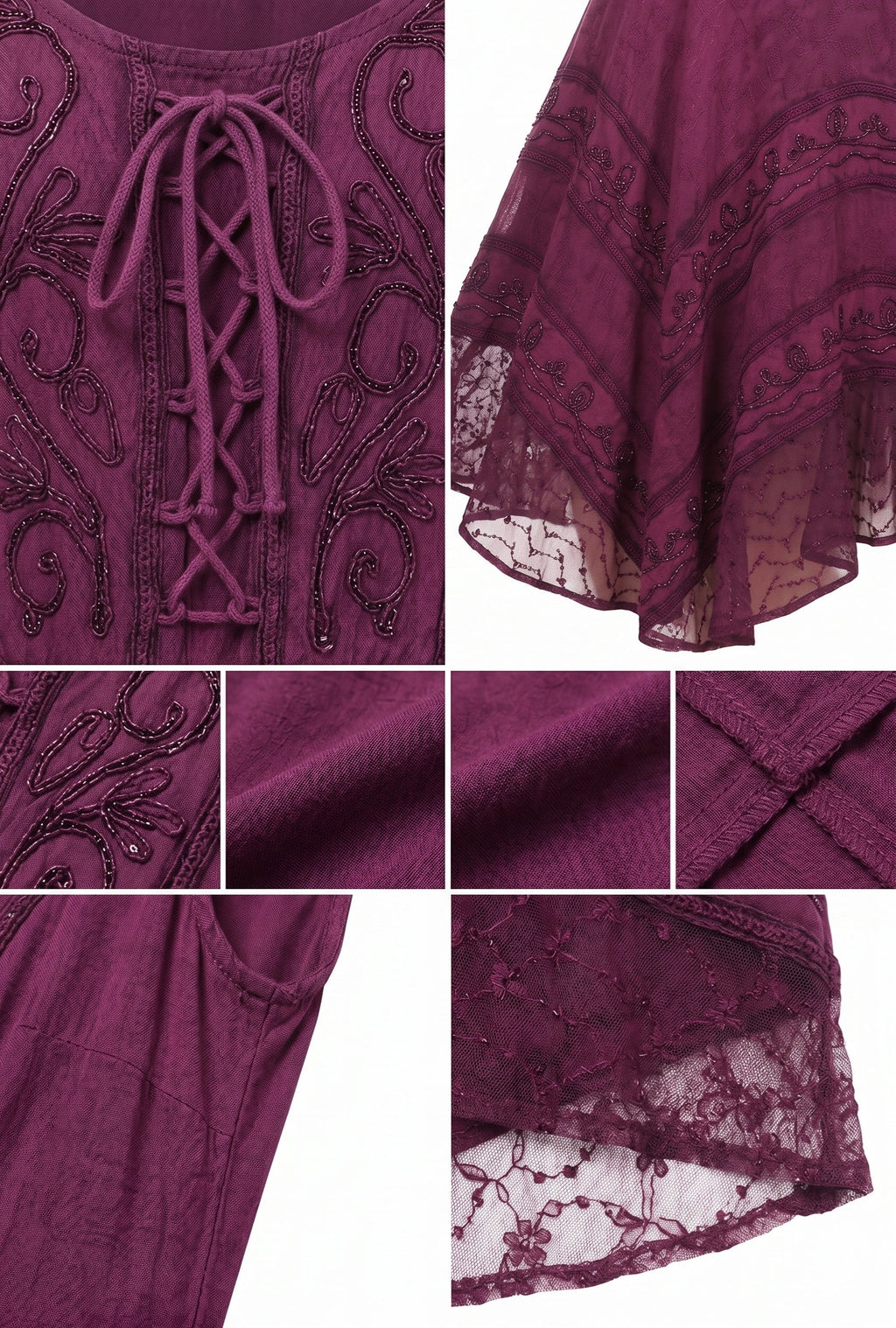 Purple embroidered rayon dress detail: tied neckline and lace-trim hem