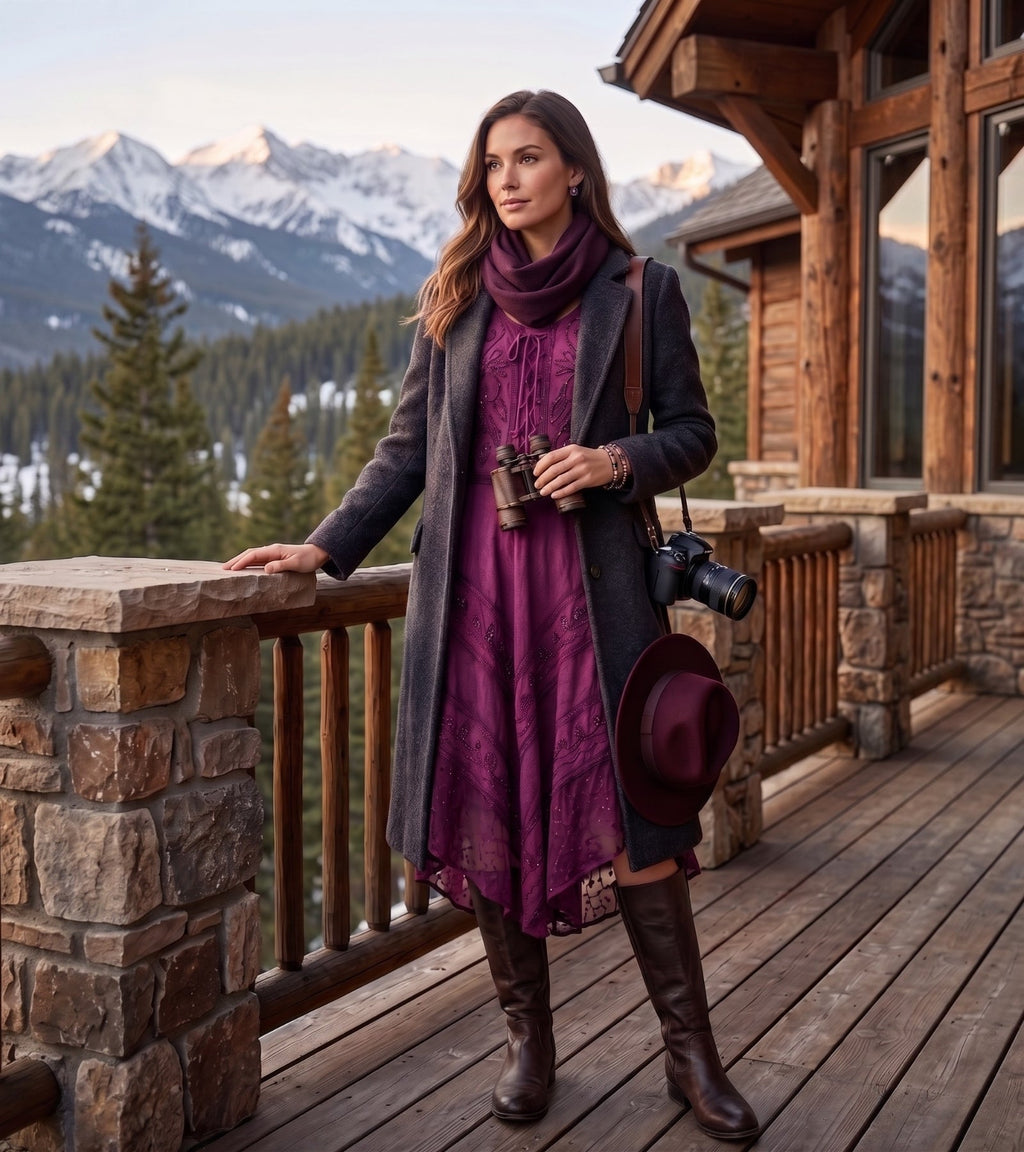 Purple mid-length embroidered dress worn with dark jacket, boots, and leggings