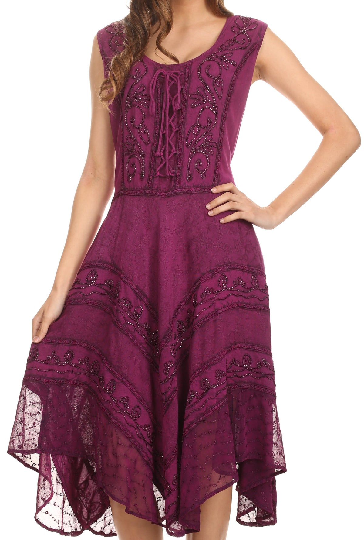 Wine sleeveless embroidered midi dress with scoop neckline and layered hem