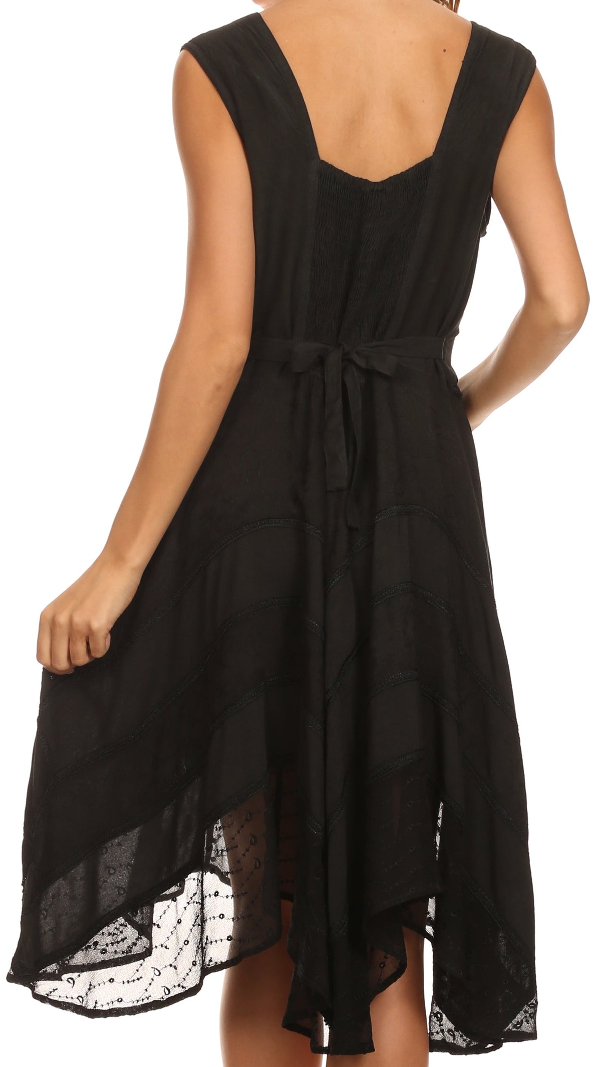 Black sleeveless mid-length dress back with square neckline and gathered waist