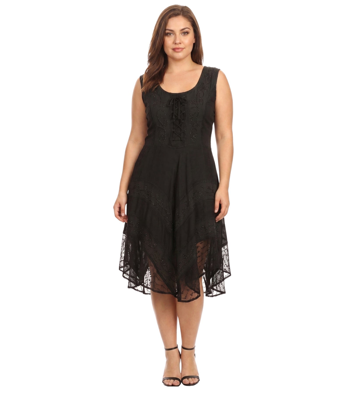 Black sleeveless mid-length dress with embroidered bodice and lace-trim tiered hem
