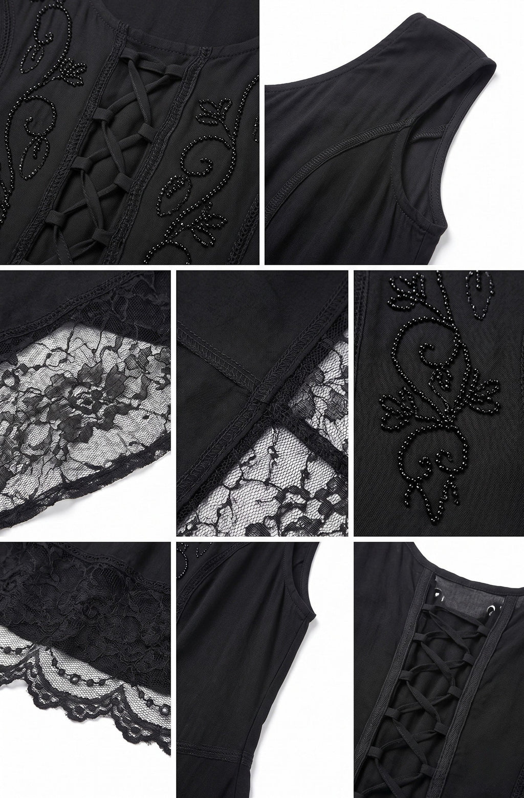 Black dress fabric details: embroidered motifs, lace trim, and tie-front neckline