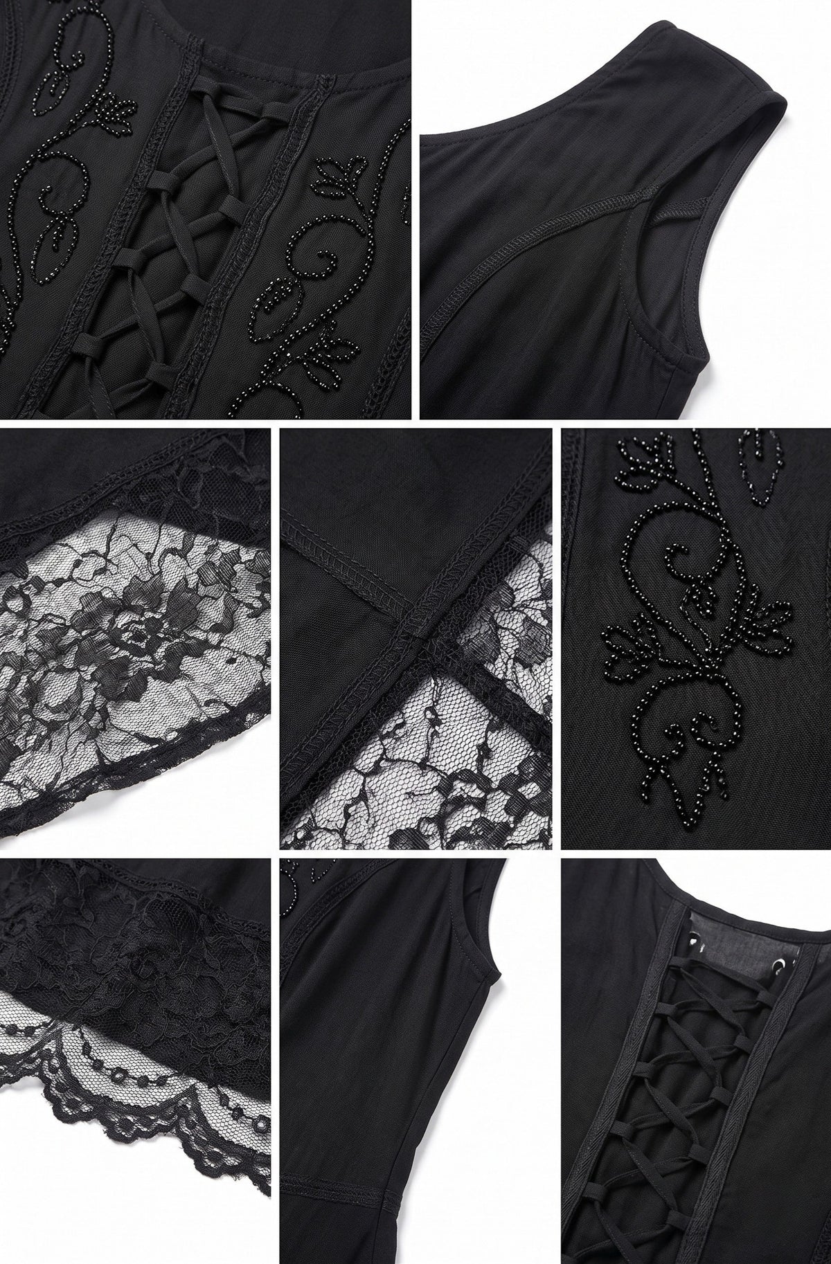 Black dress fabric details: embroidered motifs, lace trim, and tie-front neckline