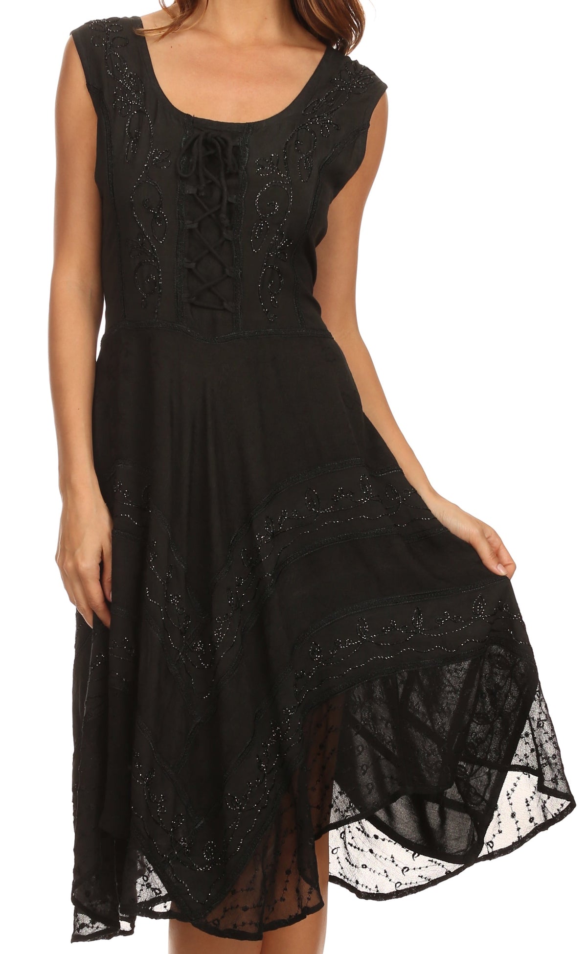 Black sleeveless embroidered mid-length dress with lace-trim hem and eyelet bodice