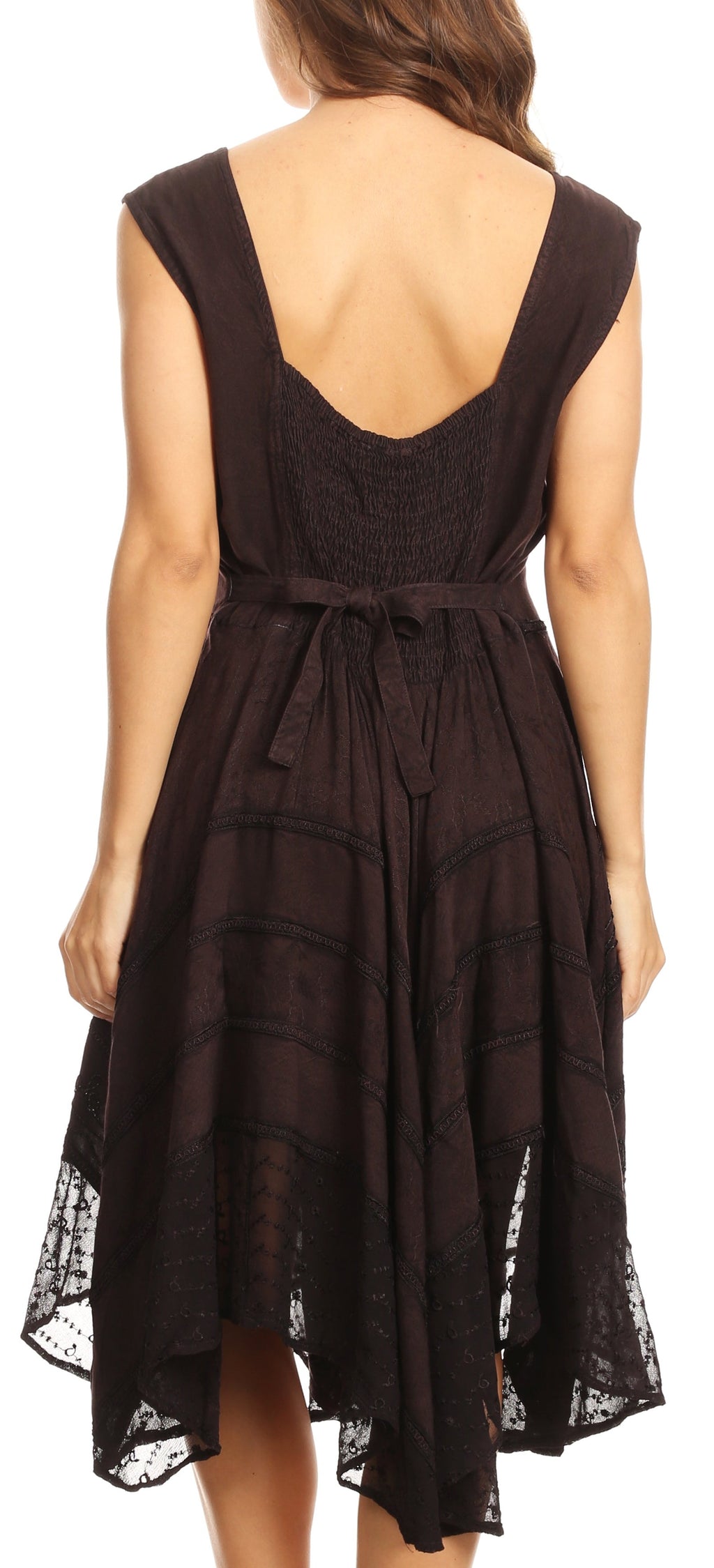 Black sleeveless mid-length dress back with tie waist and sheer lace hem