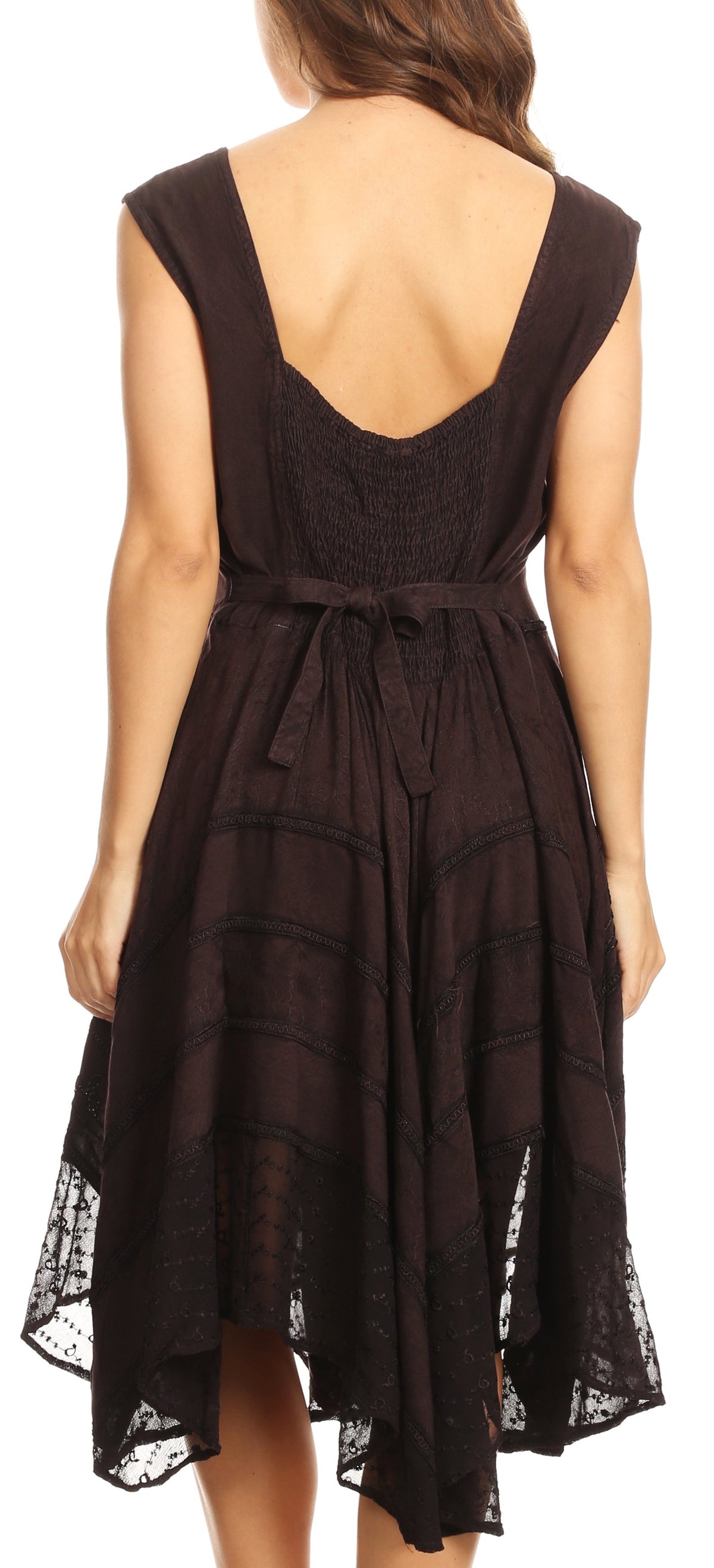 Black sleeveless mid-length dress back with tie waist and sheer lace hem