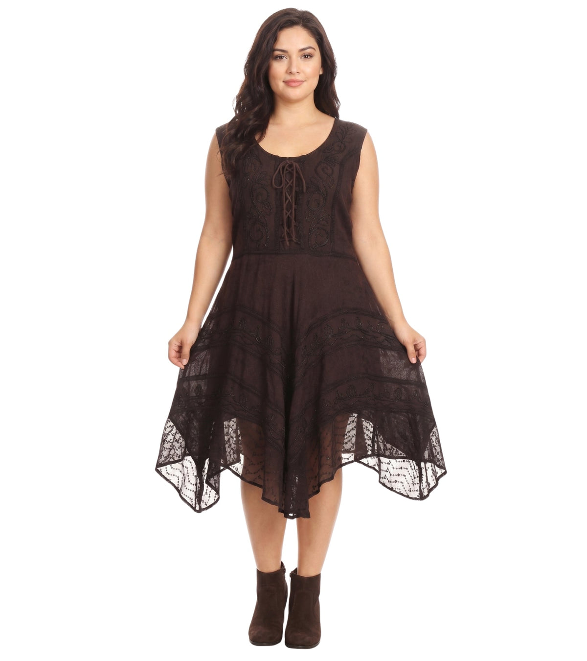 Dark brown sleeveless embroidered mid-length dress with lace-trim tiered hem