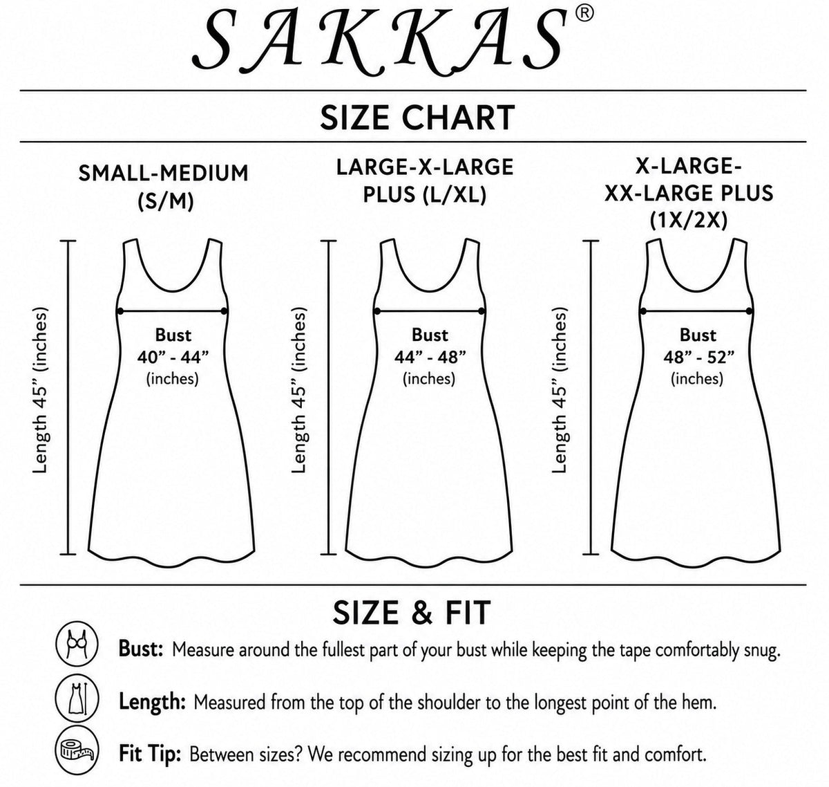 Sakkas size chart for mid-length dress: bust and length measurements