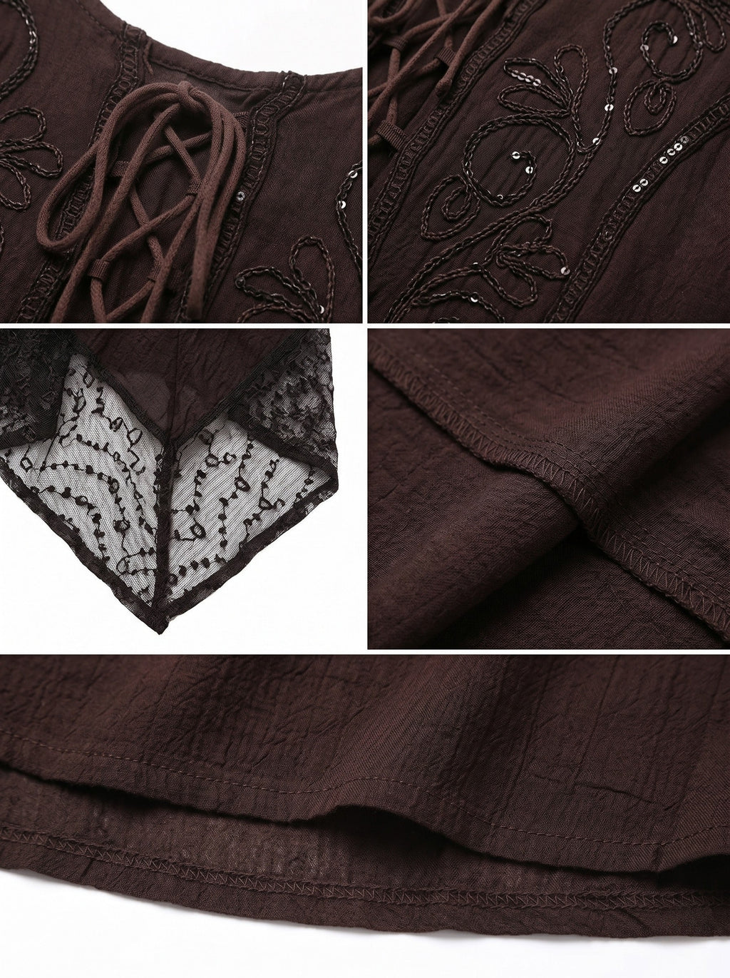 Stonewashed dark brown sleeveless dress with black embroidered swirl details