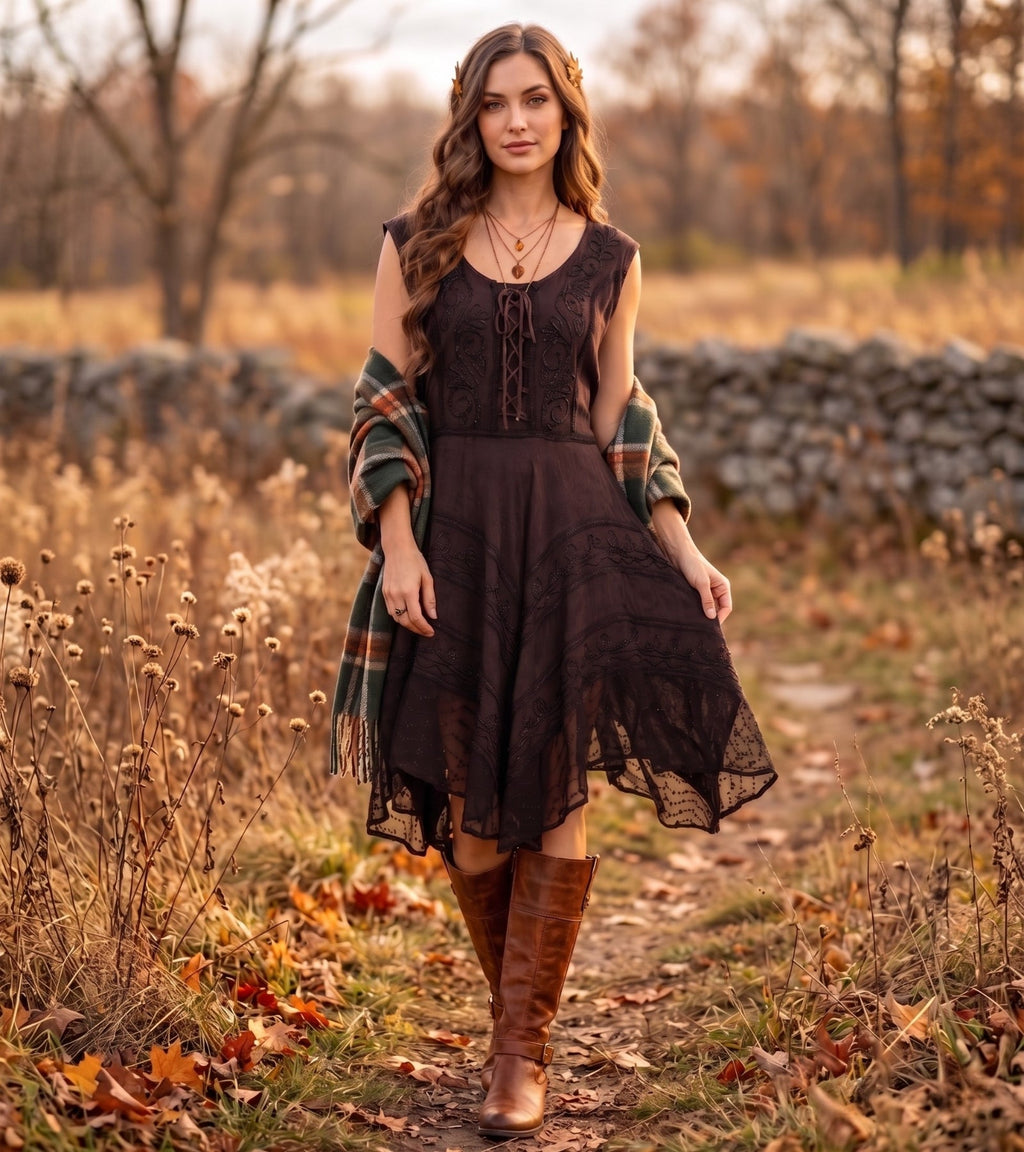 Dark brown embroidered sleeveless mid-length dress with tiered lace-trim hem