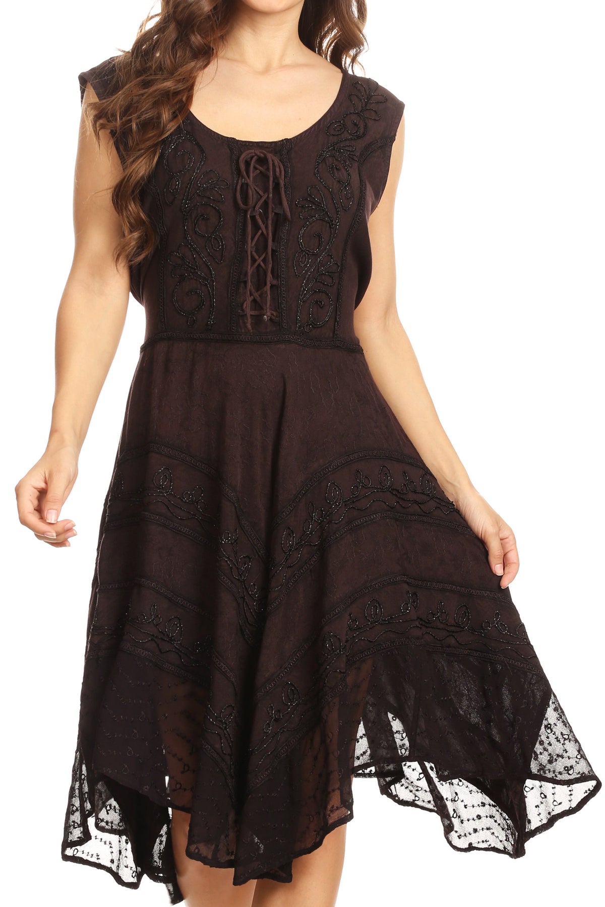 Black sleeveless embroidered mid-length dress with lace hem and asymmetrical flare