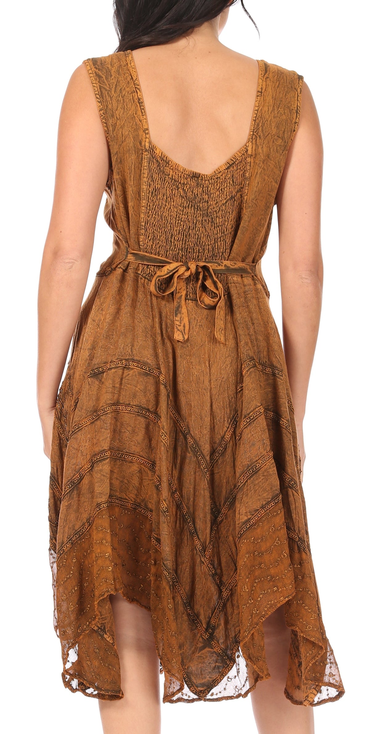 Rust brown sleeveless dress, open back with embroidered straps and tied waist