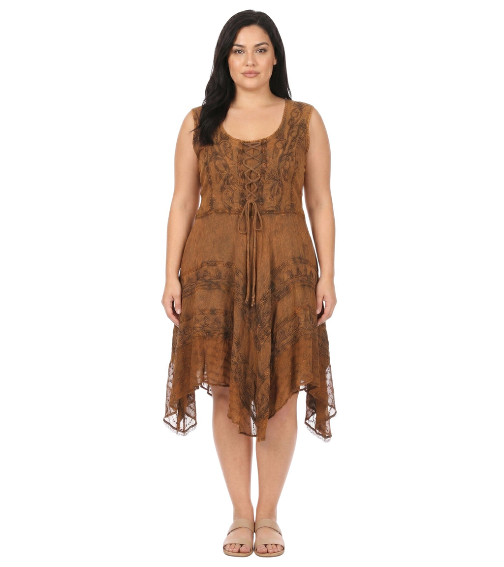 Brown embroidered sleeveless mid-length dress with drawstring at neckline and hem