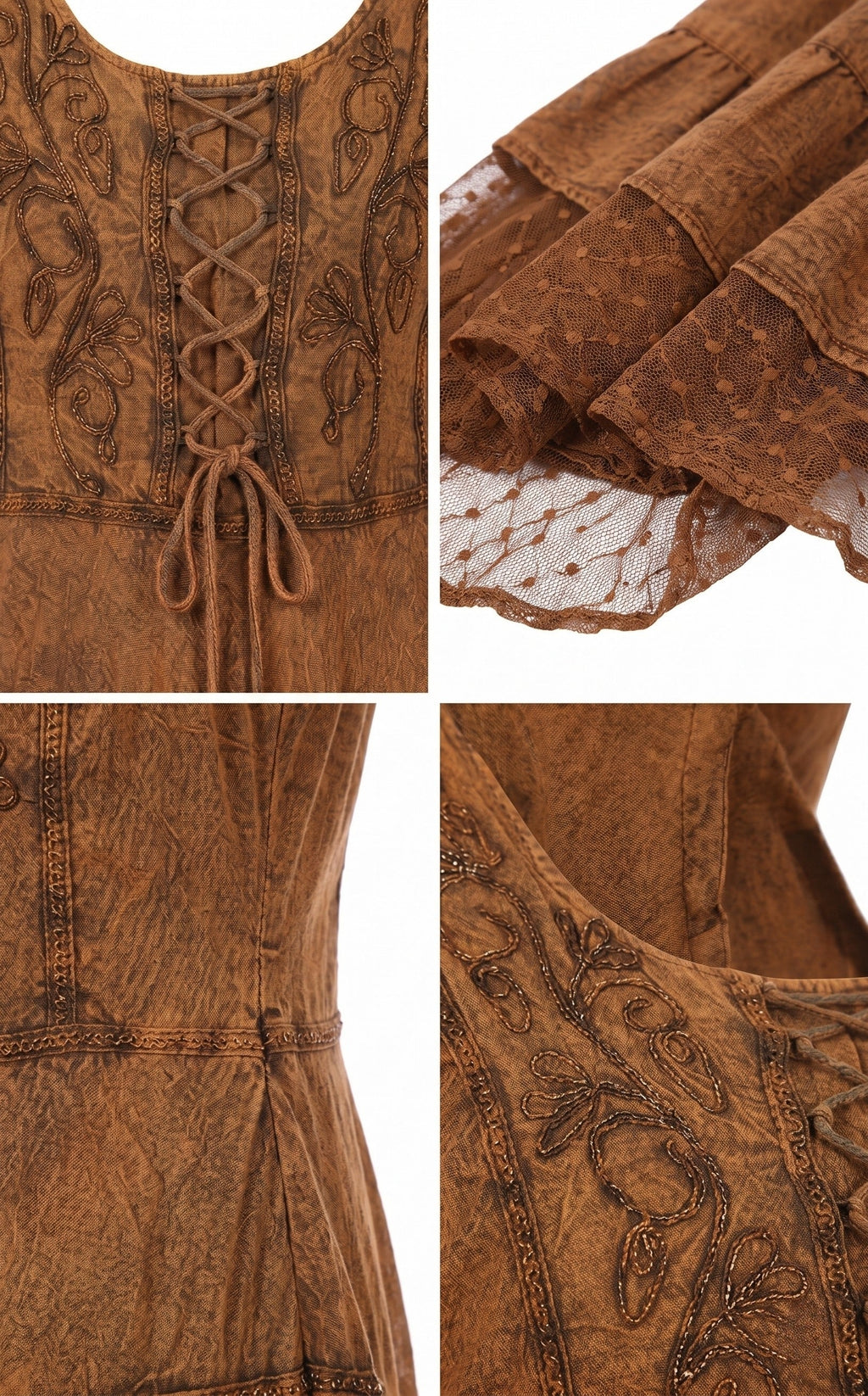 Rust brown dress detail: lace trim, embroidered swirl motifs, and tied neckline