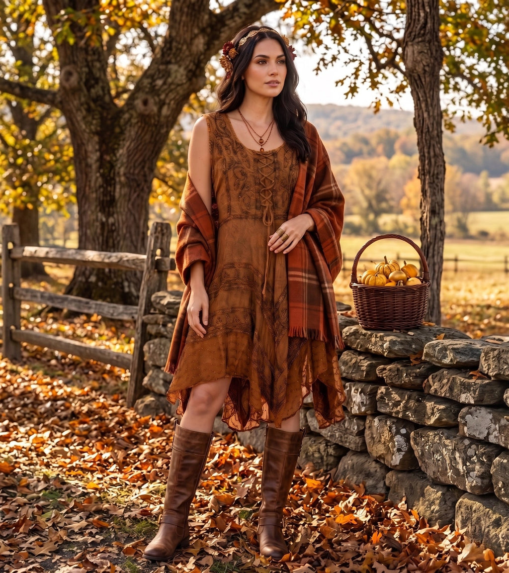 Rust brown sleeveless embroidered dress with lace hem and drawstring neckline