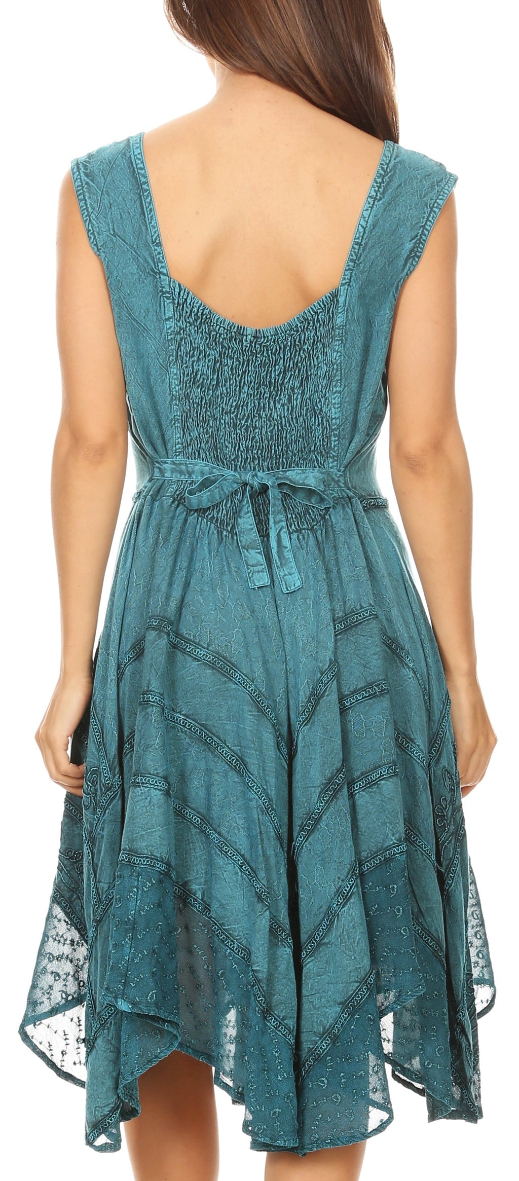 Turquoise sleeveless dress back view with embroidered yoke and gathered skirt