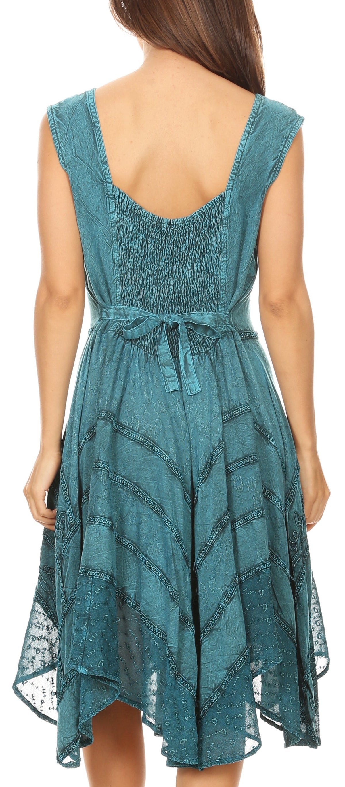 Turquoise sleeveless dress back view with embroidered yoke and gathered skirt