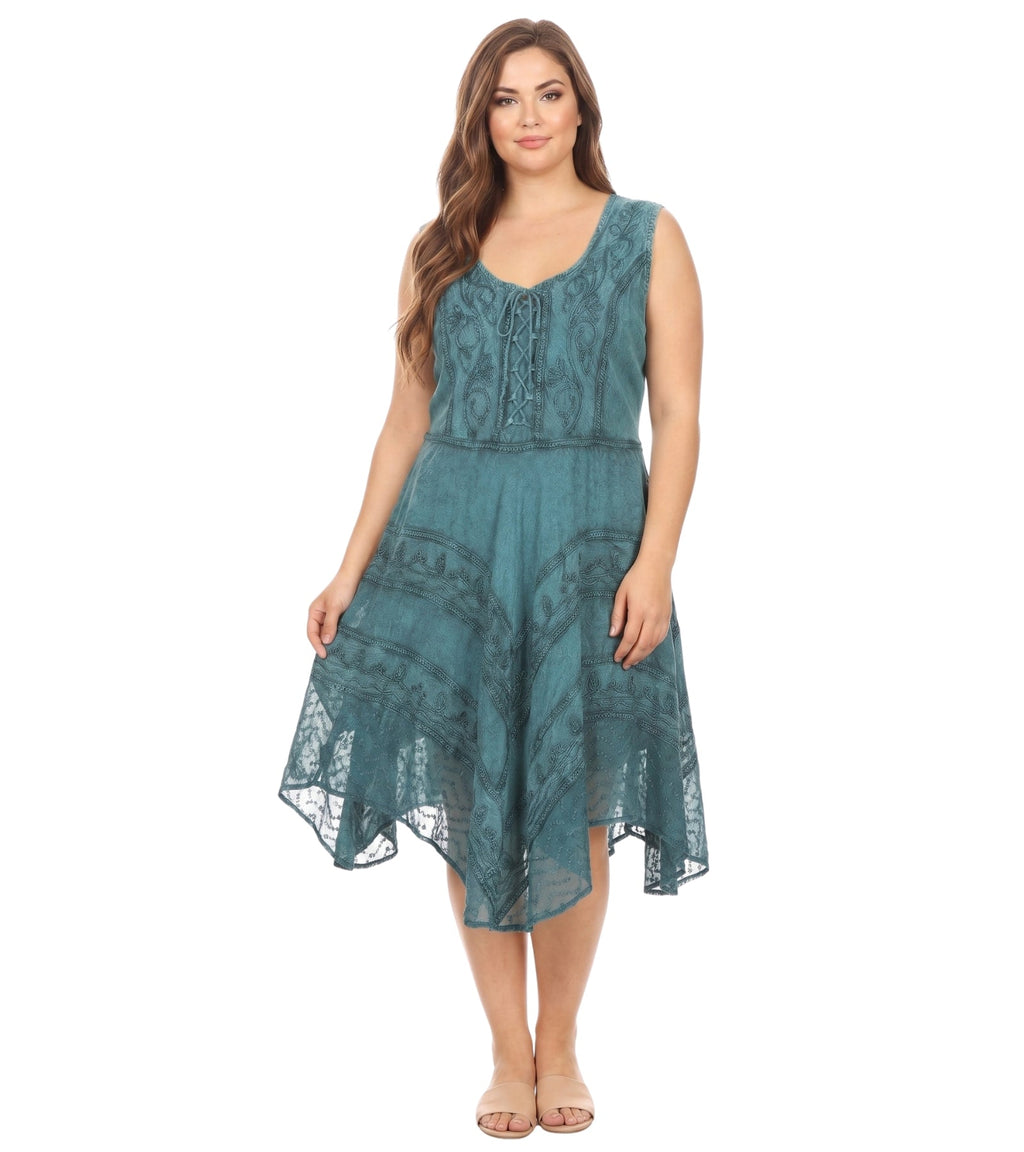 Stonewashed rayon embroidered midi dress in dusty blue, sleeveless V-neck, tiered hem