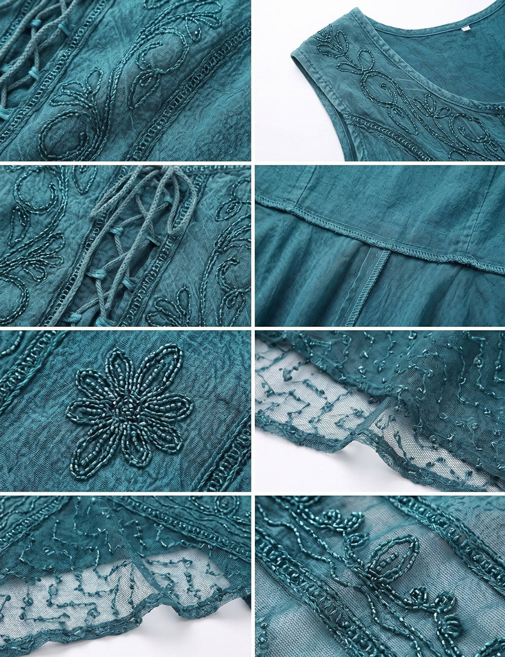 Dusty blue embroidered rayon dress details with floral stitching and layered lace-trim hem