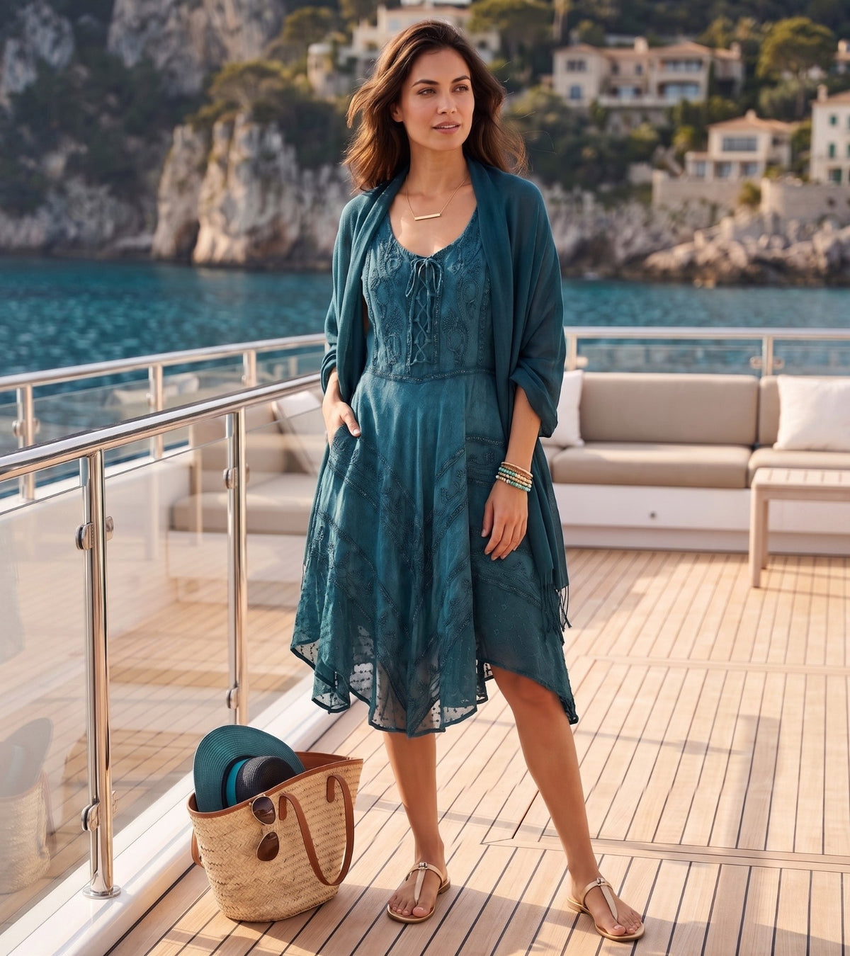 Dusty blue stonewashed rayon embroidered midi dress with V-neck and hand-stitched trim
