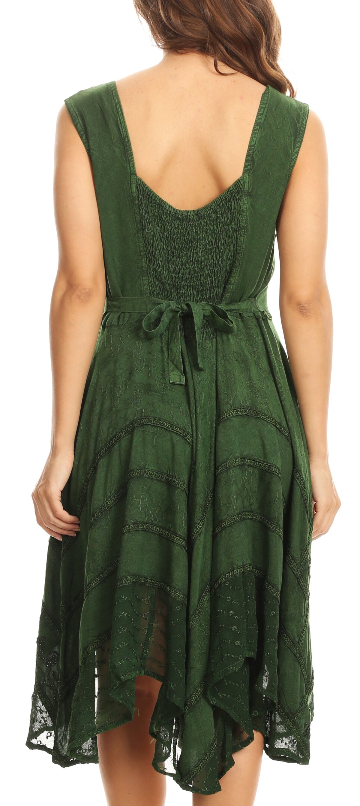 Green stonewashed rayon embroidered midi dress, scoop back and tied waist detail
