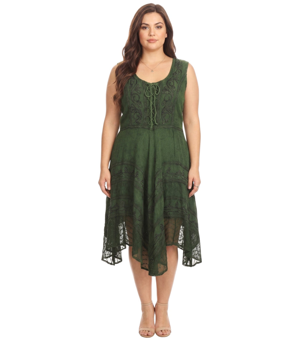 Green stonewashed rayon embroidered midi dress with scoop neckline and tiered skirt