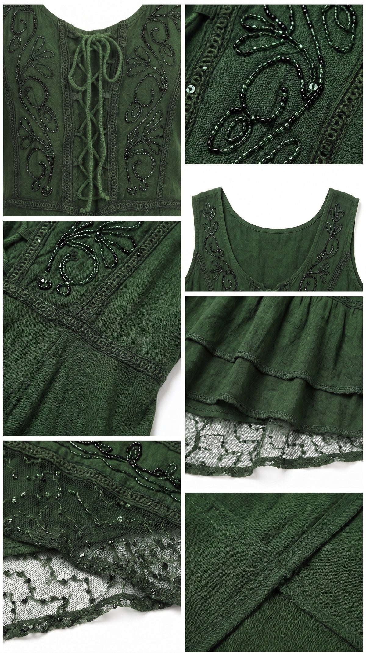 Close-up of green embroidered rayon fabric with scalloped lace-trim hem