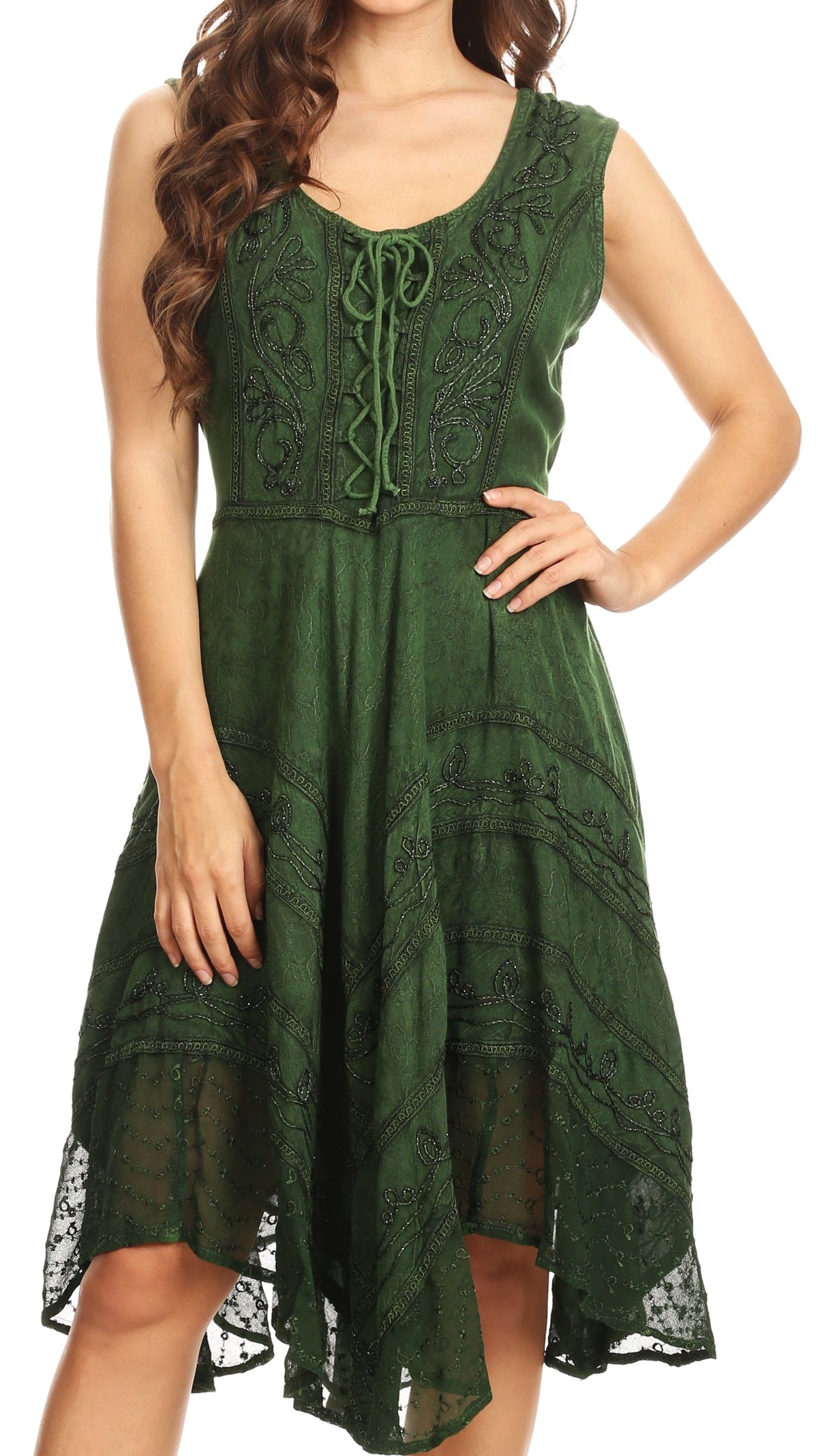 Green stonewashed rayon embroidered midi dress, sleeveless with drawstring neckline