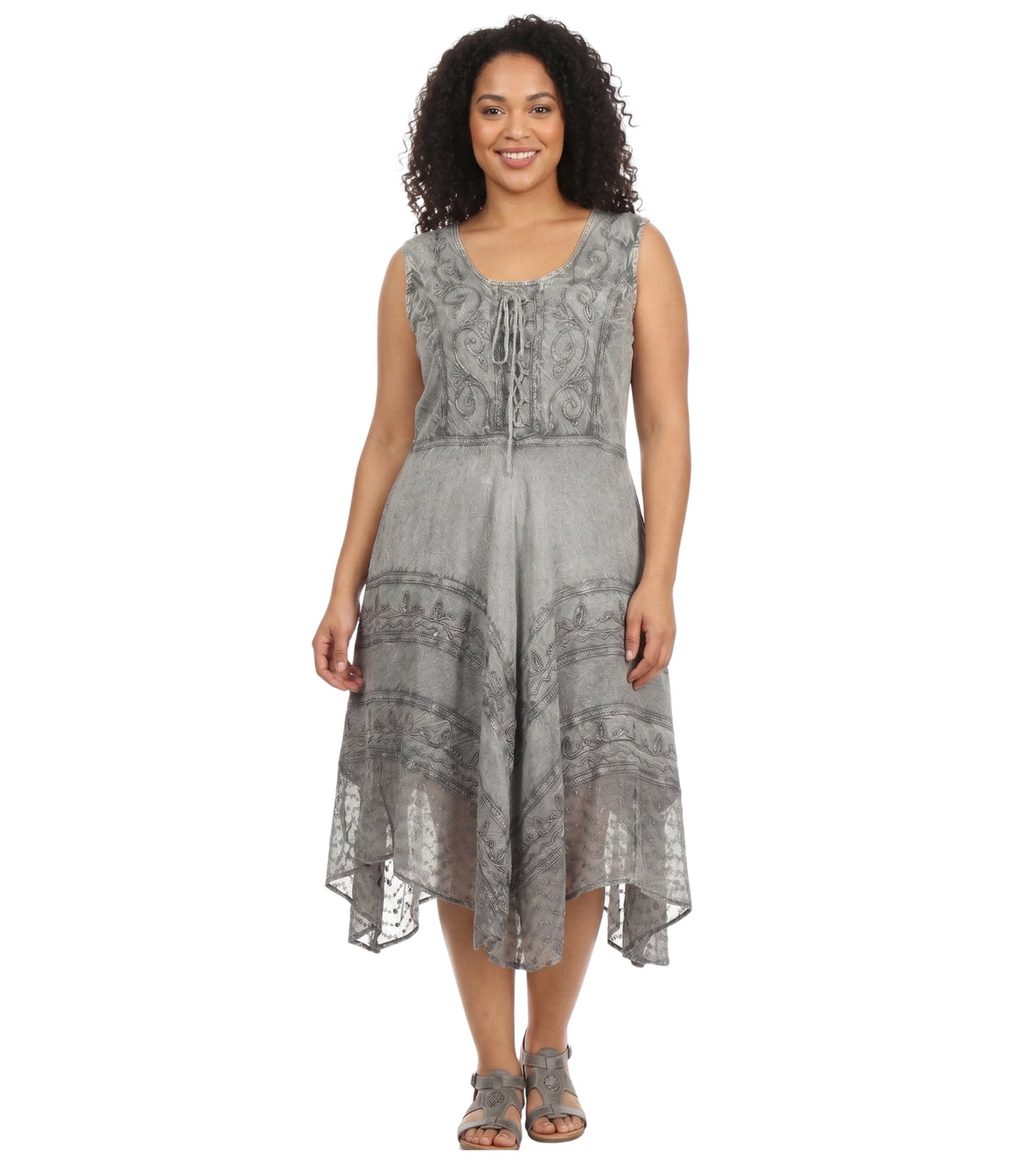 Stonewashed grey sleeveless embroidered mid-length dress with drawstring neckline and scalloped hem