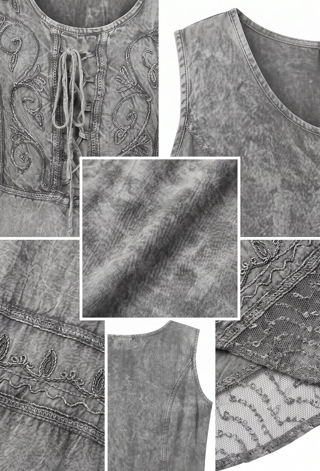 Close-up of stonewashed grey rayon dress fabric with detailed embroidery and curved seams