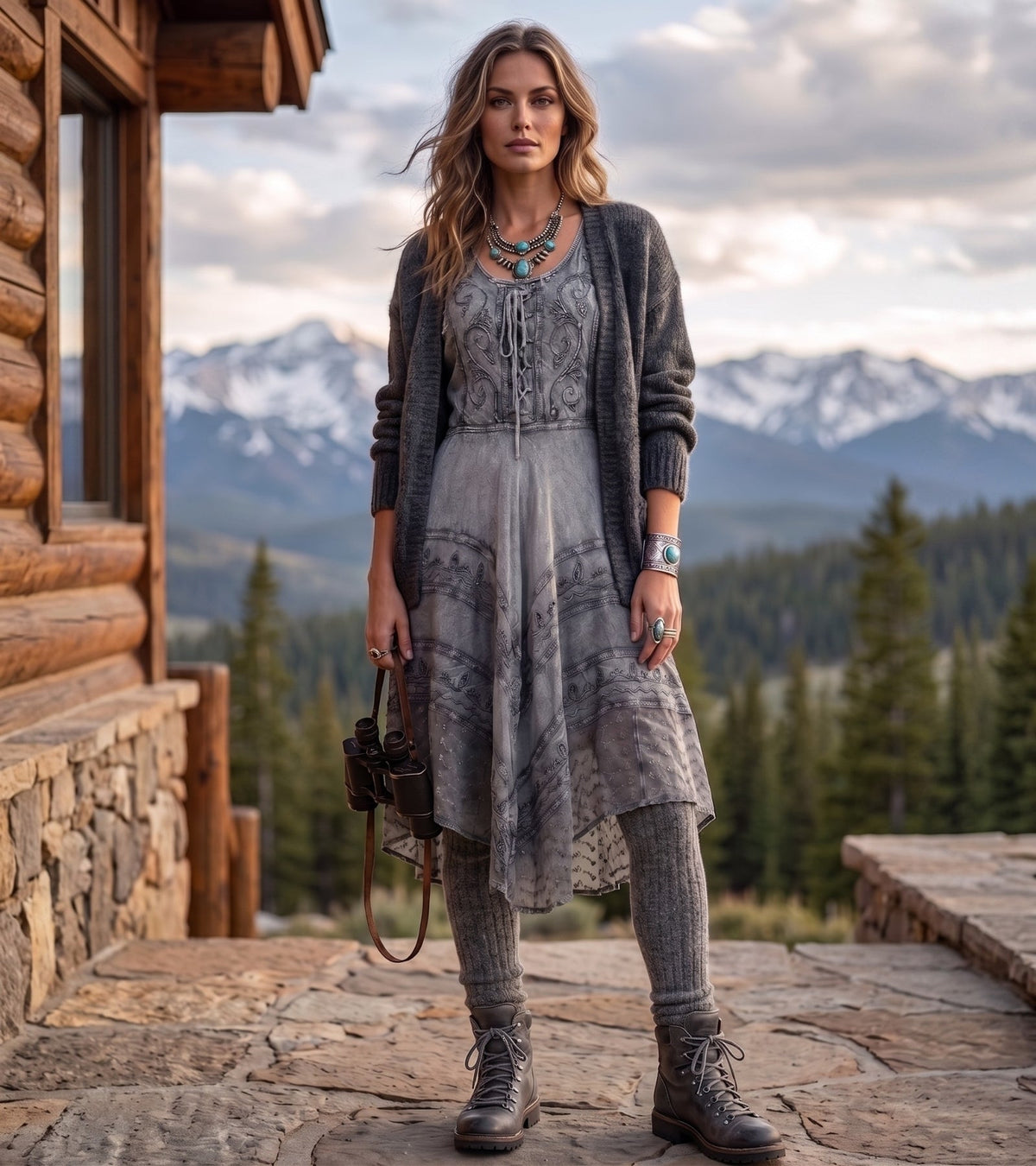 Stonewashed grey embroidered mid-length dress with drawstring neckline and flowing tiered skirt