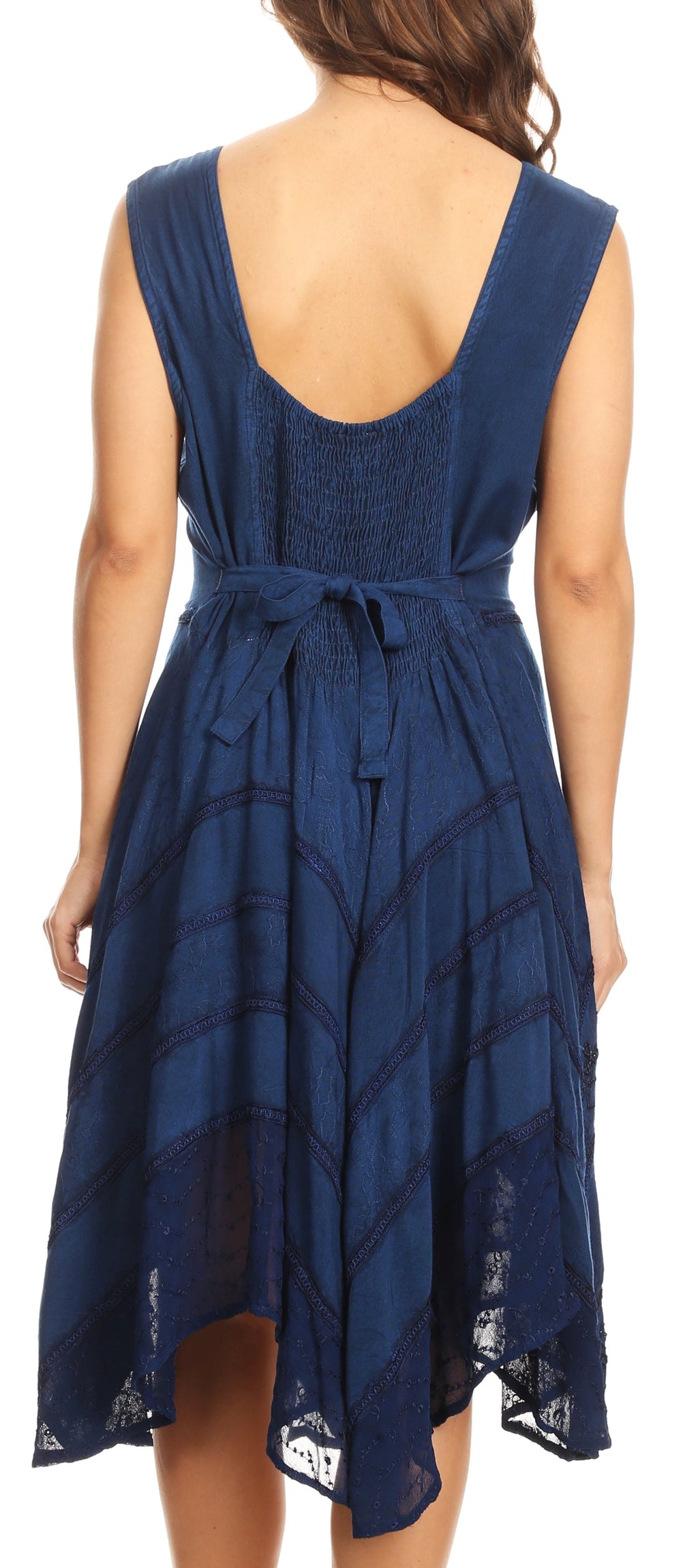 Dusty blue sleeveless embroidered mid-length dress with open V-back and gathered waist