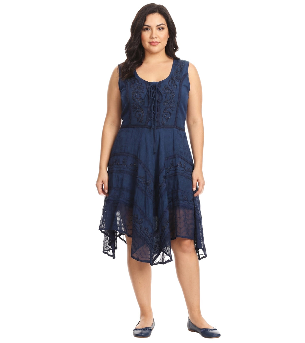 Dusty blue sleeveless embroidered mid-length dress with drawstring neckline and asymmetrical hem