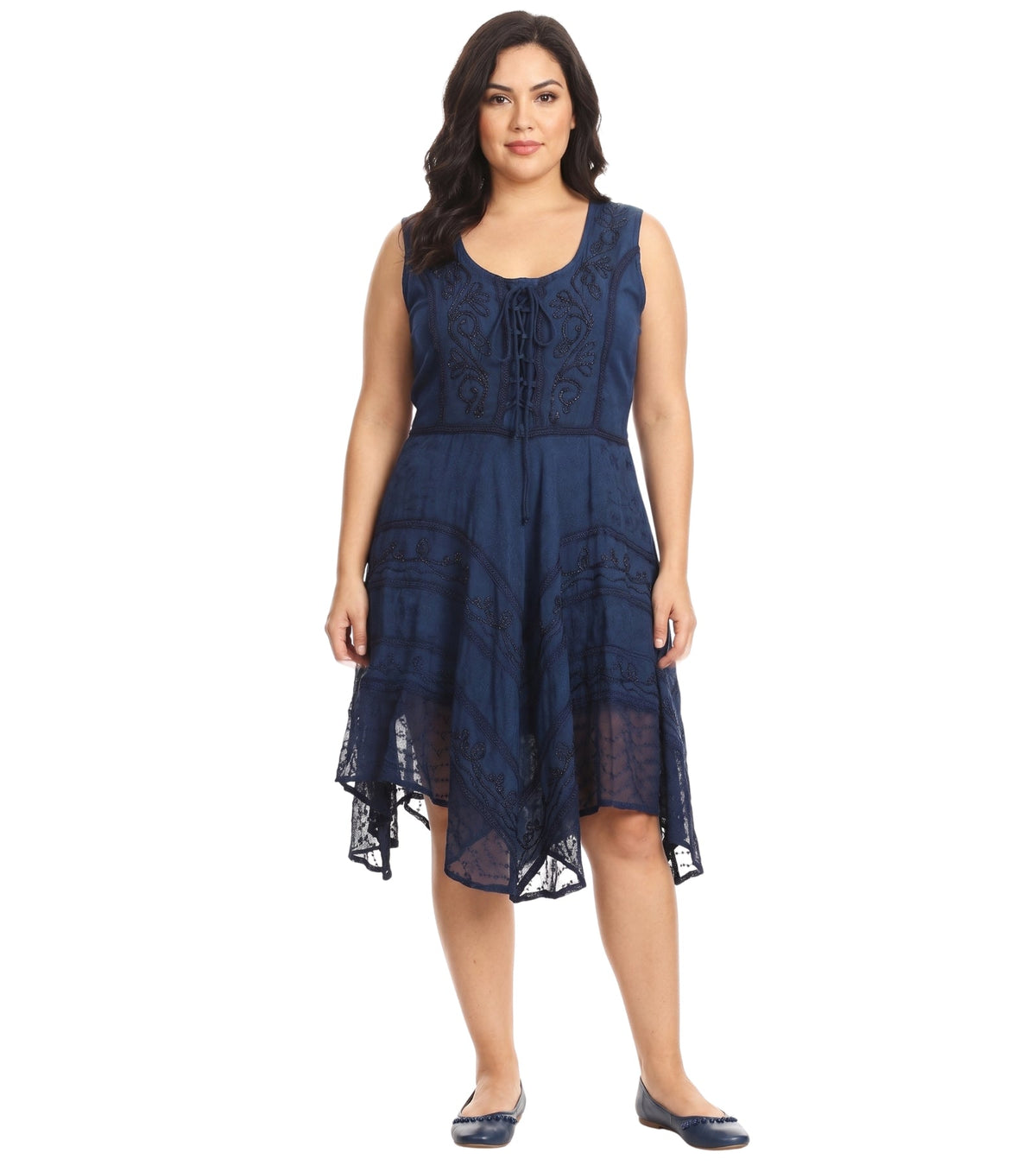 Dusty blue sleeveless embroidered mid-length dress with drawstring neckline and asymmetrical hem